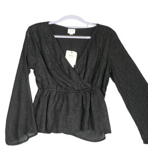 NEW Jacqueline de Yong Blouse Womens Size 4 Black Metallic Faux Wrap Shimmer